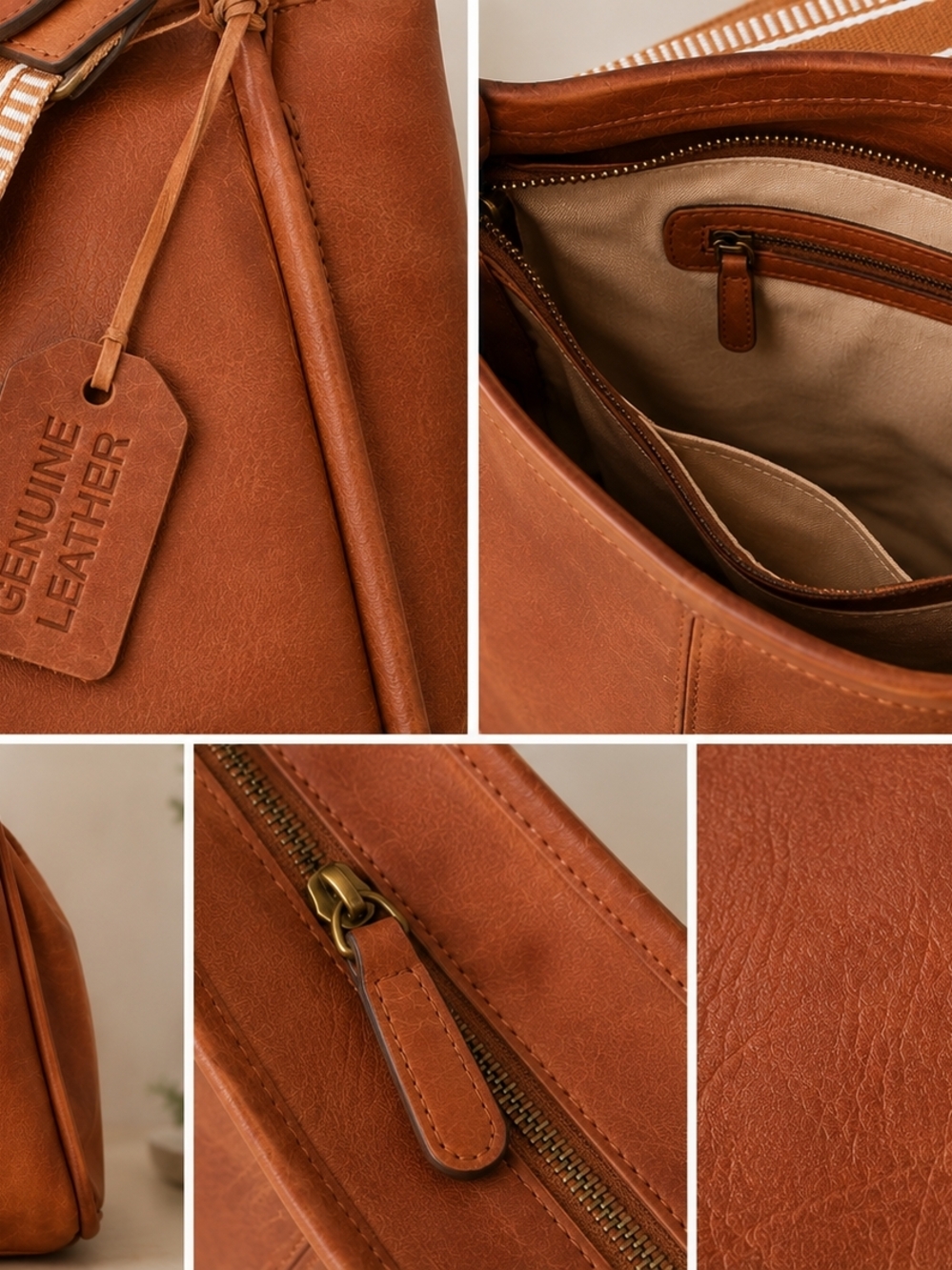 Genuine Leather Buttery Soft Shoulder Tote Bag - Cognac Brown - Picture 2 of 4